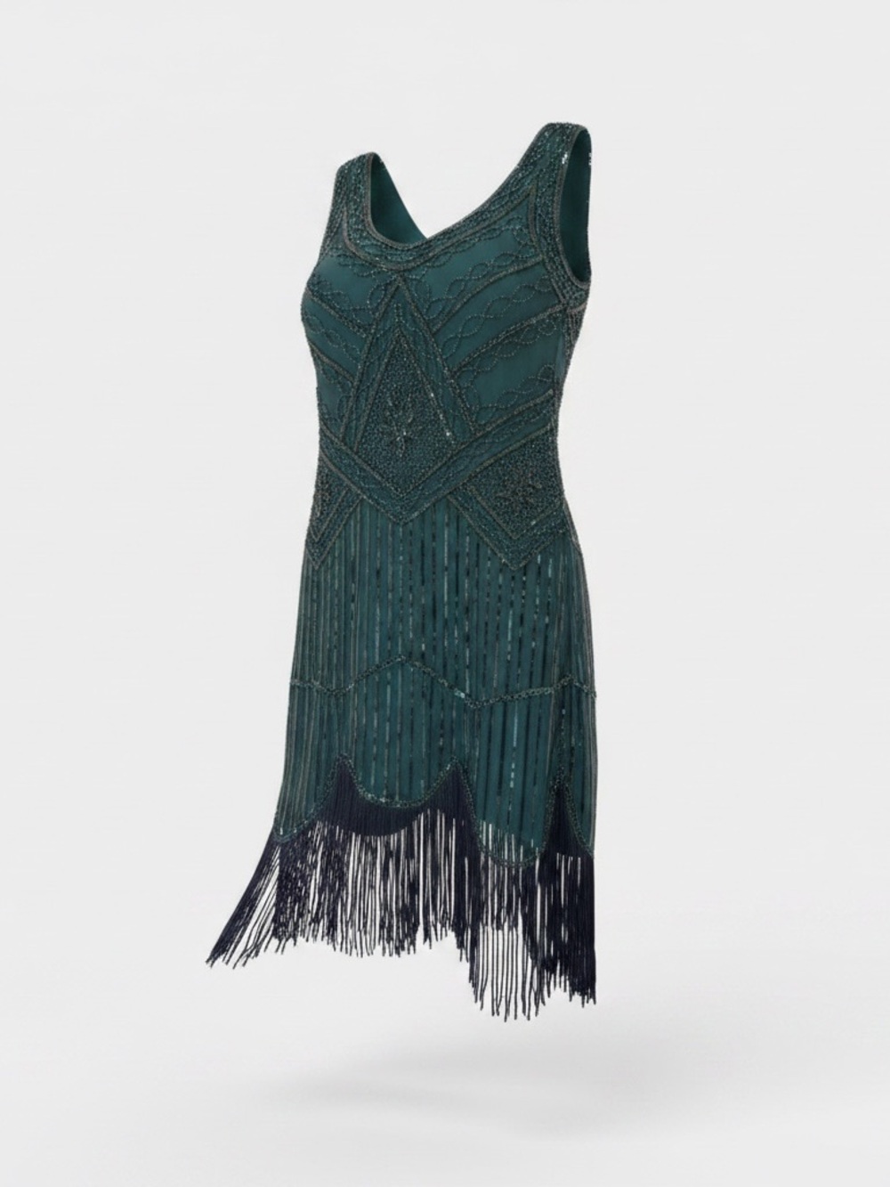 Elegant Green Beaded Fringe Midi Dress